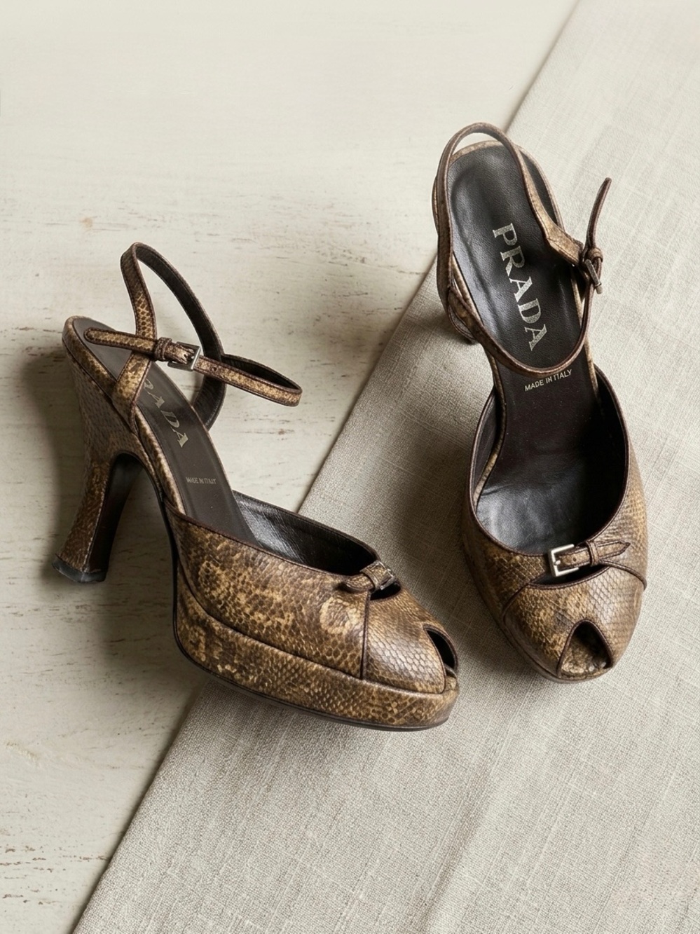 Vintage Prada Brown Snakeskin Peep-Toe Slingback Heels